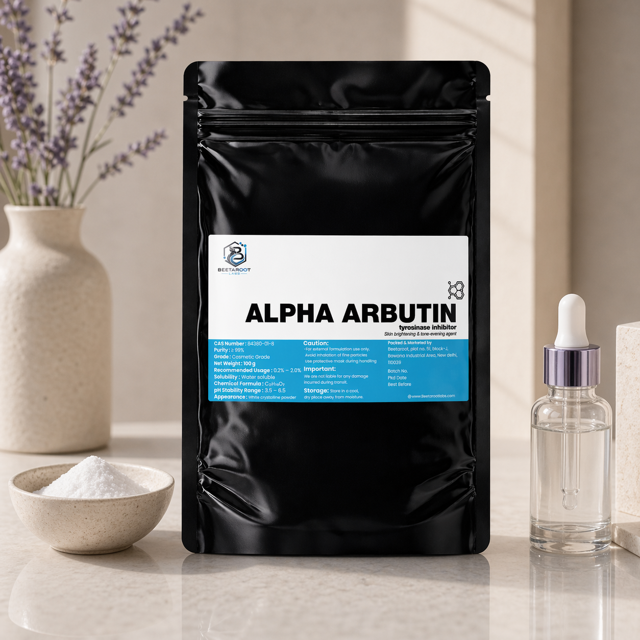 Alpha arbutin powder cosmetic grade for skin brightening and hyperpigmentation treatment in skincare formulations
