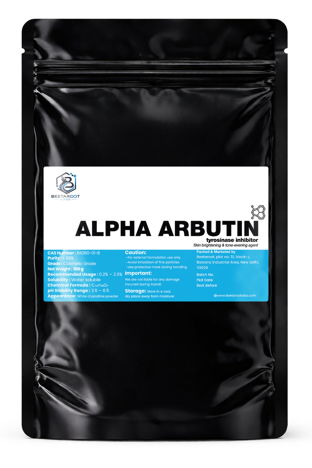 Black packaging of Alpha Arbutin with a white label on a white background