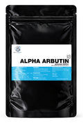 Black packaging of Alpha Arbutin with a white label on a white background