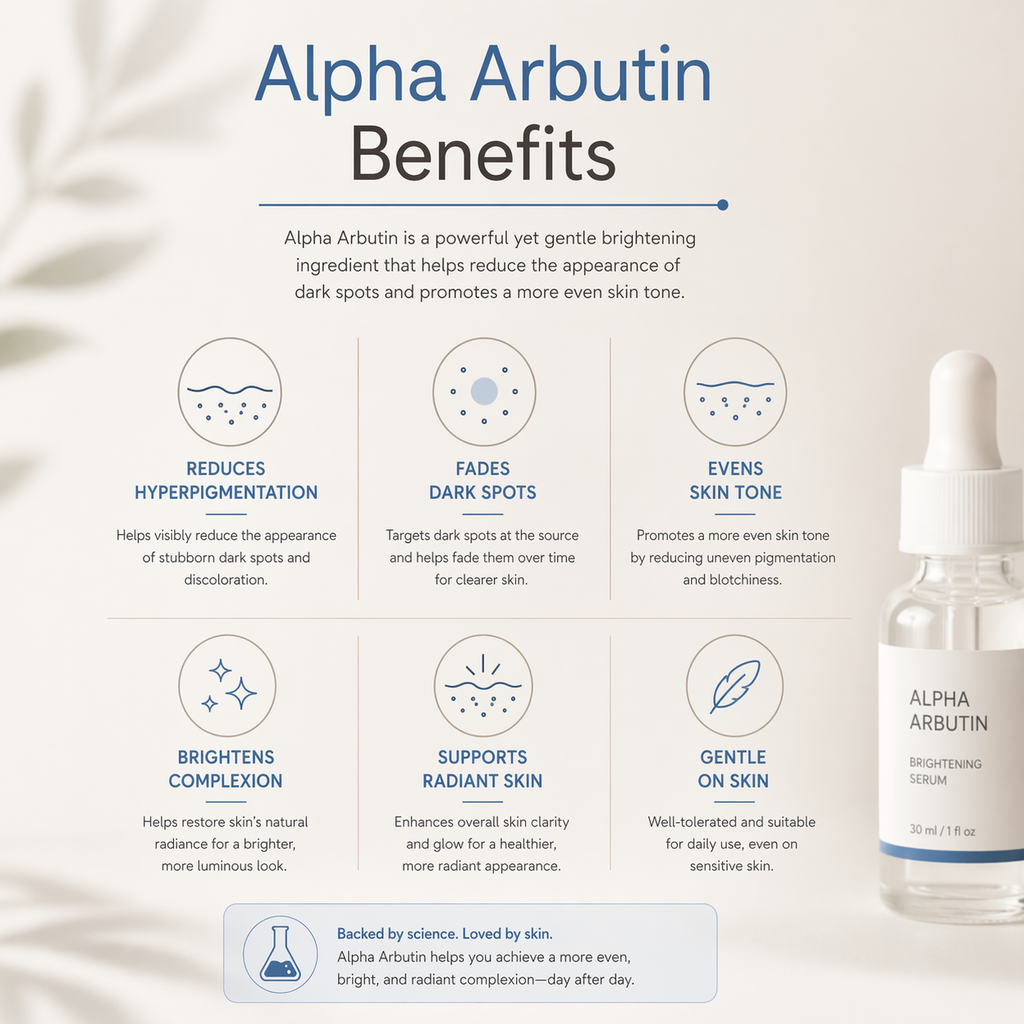 Alpha Arbutin benefits infographic with a bottle of serum on a light background