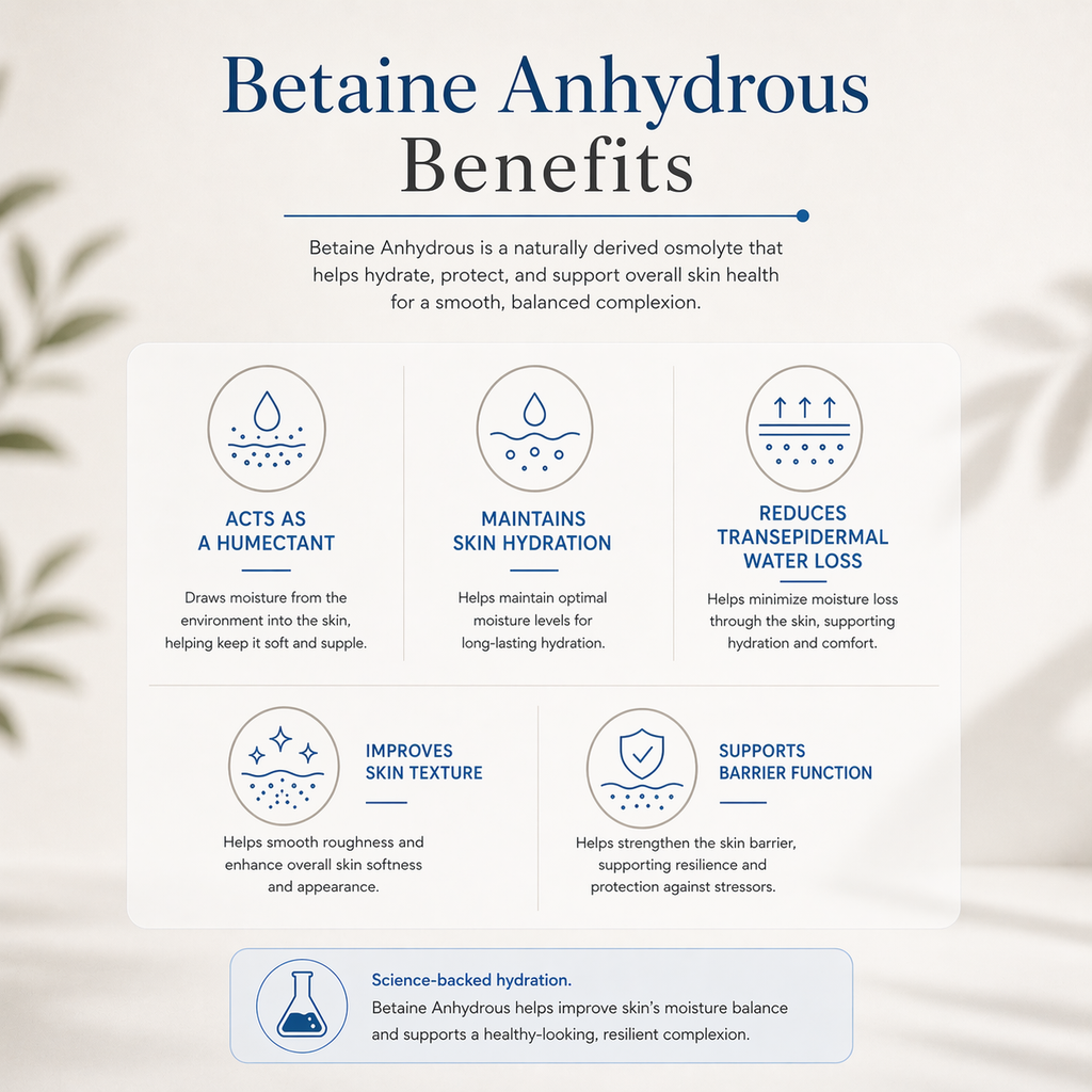 Infographic detailing the benefits of Betaine Anhydrous for skin health.