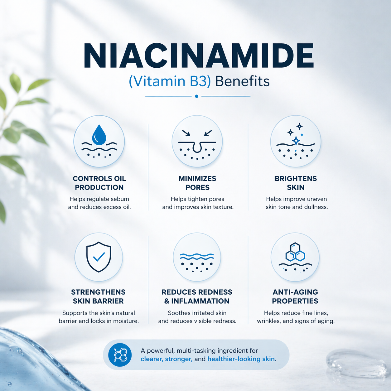 Infographic detailing the benefits of niacinamide (vitamin B3) with icons and text on a light background.