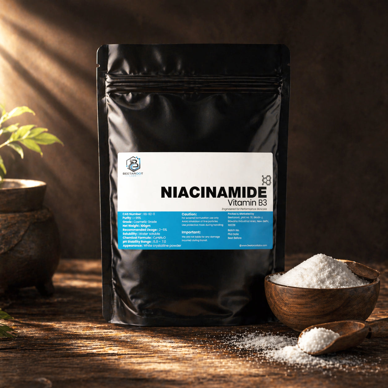 Niacinamide powder cosmetic ingredient available in 100g 250g 500g and 1kg packaging sizes