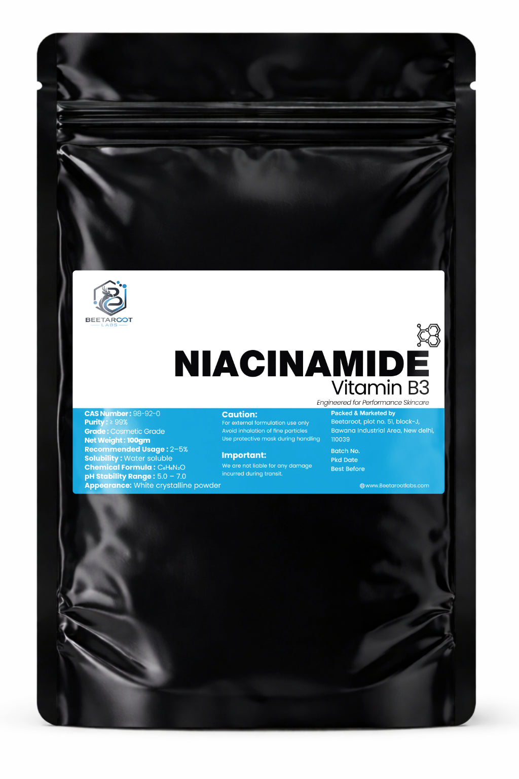 Niacinamide powder (Vitamin B3) cosmetic grade white crystalline powder for skincare formulations