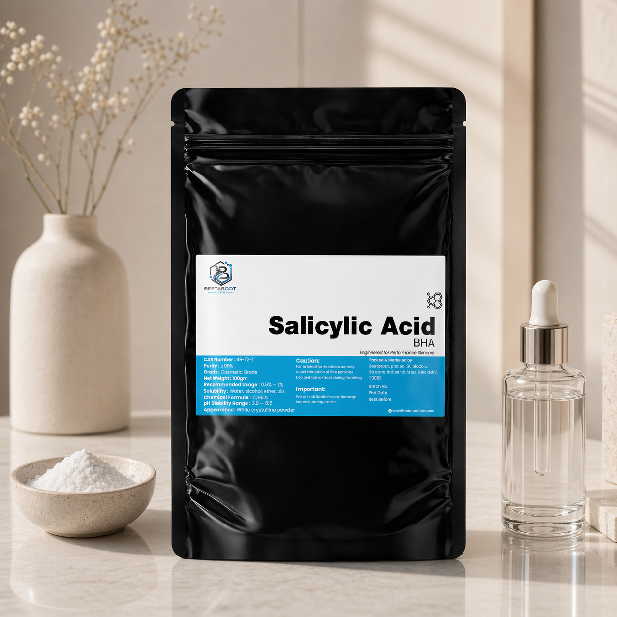 Salicylic acid powder cosmetic grade BHA for acne and exfoliation in skincare formulations