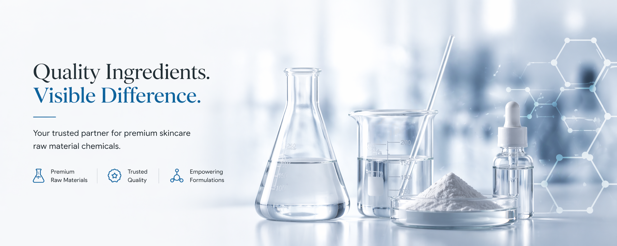 Premium skincare raw material chemicals with laboratory glassware, powders, and formulations for cosmetic manufacturing