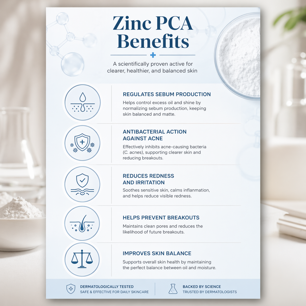 Zinc PCA benefits poster with text and icons on a light background